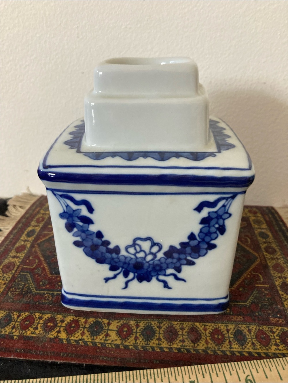 Bombay White Ceramic Candle Holder with Cobalt Blue Floral Garland